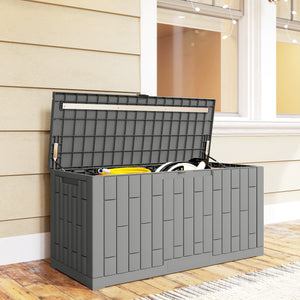 Coffre de rangement extérieur en résine de 80 gallons, verrouillable, résistant aux éclaboussures et aux UV.