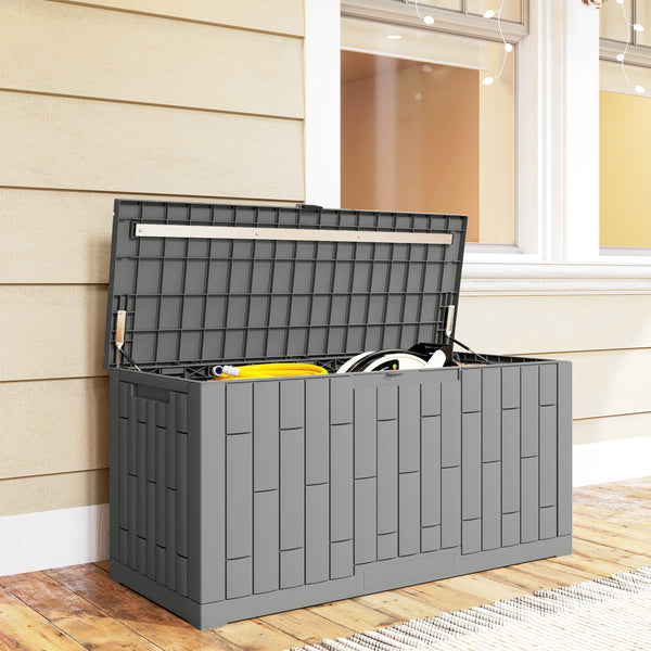 Coffre de rangement extérieur en résine de 80 gallons, verrouillable, résistant aux éclaboussures et aux UV.