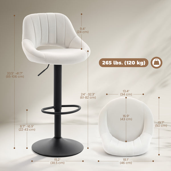 Set of 2 swivel counter-height bar stools with openwork backrest and adjustable height, cream.