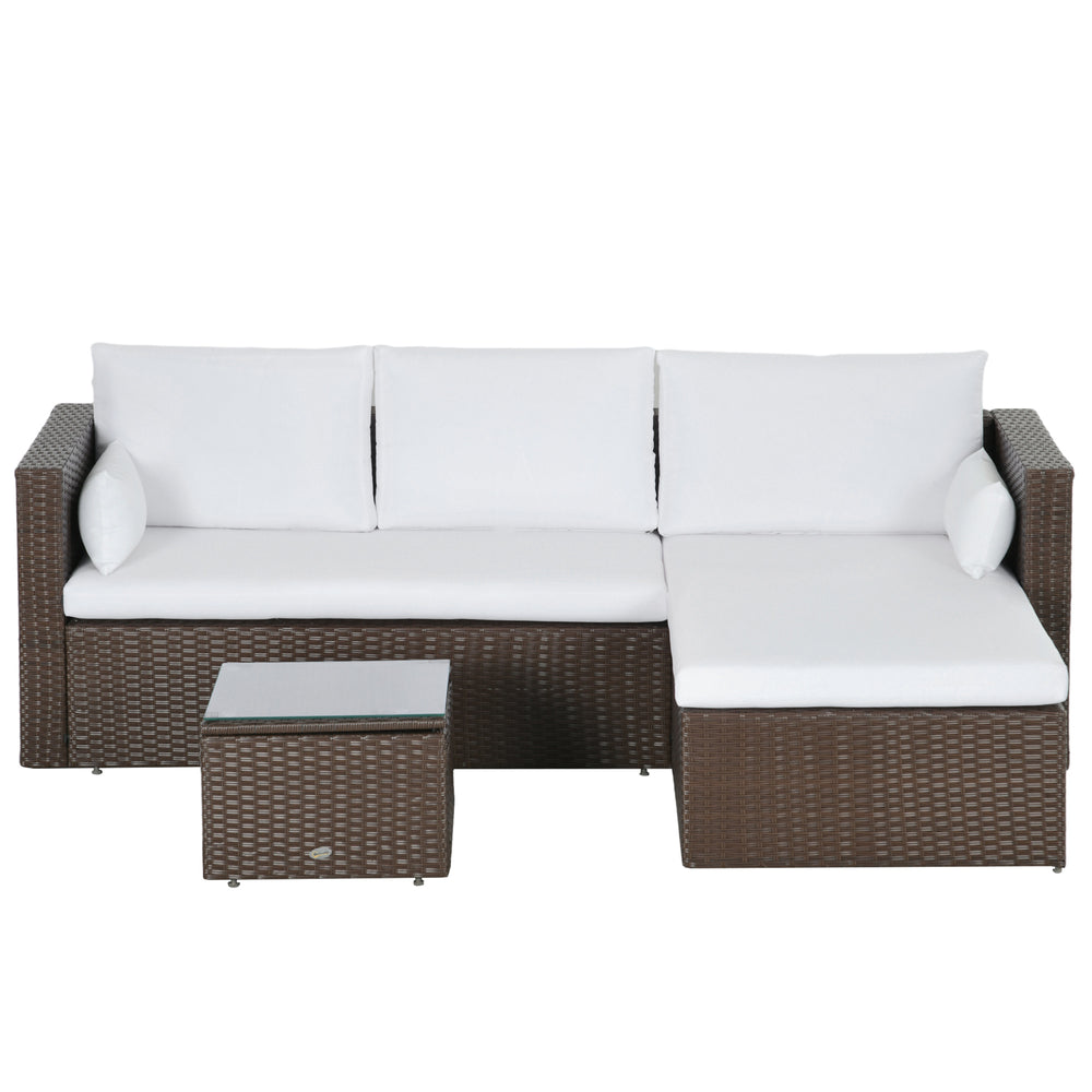 Ensemble de salon en rotin 3 pièces avec canapé, fauteuil, table basse, coussins et oreillers, idéal pour espace extérieur