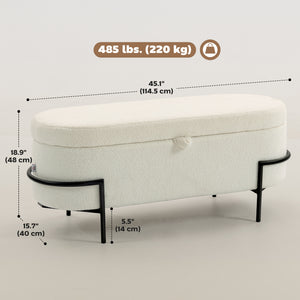 Pouf de rangement avec couvercle relevable et pieds en acier, blanc crème