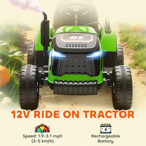 Tracteur 12 V vert avec remorque, télécommande, musique, lumières, levier de vitesse