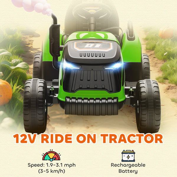 Tracteur 12 V vert avec remorque, télécommande, musique, lumières, levier de vitesse