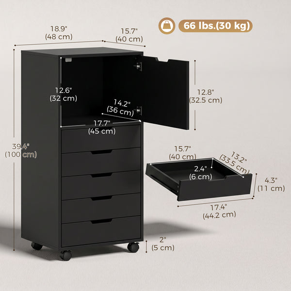 File Cabinet on Wheels Mobile Printer Stand with 5 Drawers for Home Office Black