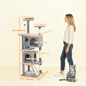 Arbre à chat 137 cm (54 po), tour à plusieurs niveaux avec griffoirs, niches, couchage, plateformes, rampe et balle, gris clair