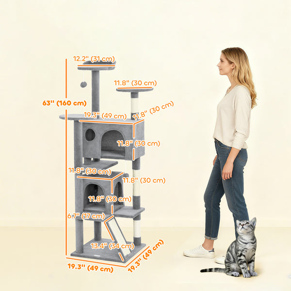 Arbre à chat 137 cm (54 po), tour à plusieurs niveaux avec griffoirs, niches, couchage, plateformes, rampe et balle, gris clair