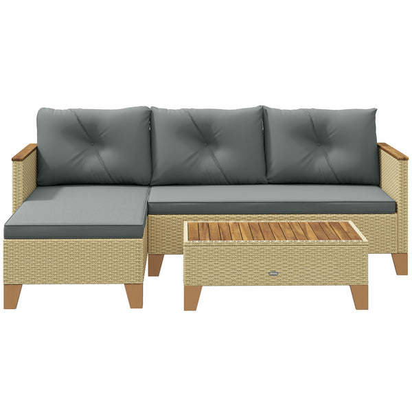 Ensemble de meubles de jardin 3 pièces en L avec table basse et plateau en bois, gris clair