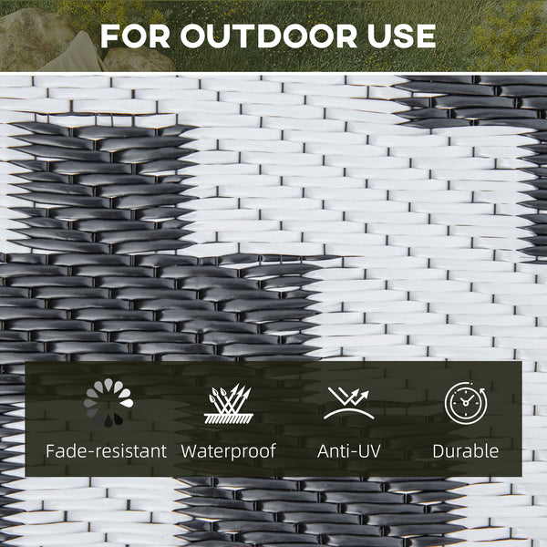 Tapis d'extérieur réversible pour patio, tapis en paille plastique 6' x 9' pour jardin, terrasse, plage, camping, noir et blanc