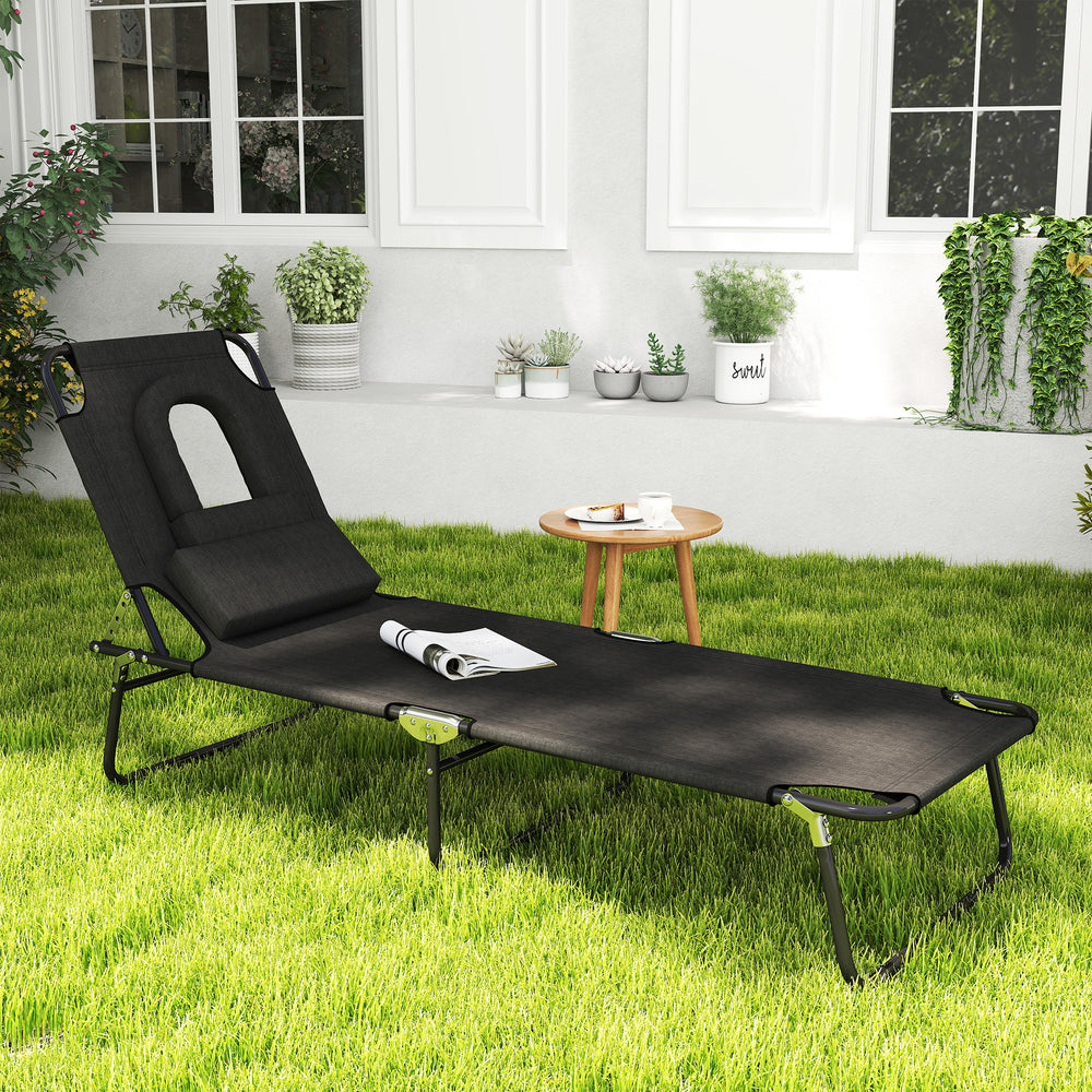 Chaise longue d'extérieur réglable avec trou pour le visage, siège inclinable pour bronzer, lit de plage pliant avec coussin de soutien, noir