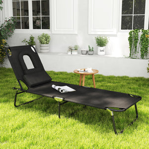 Chaise longue d'extérieur réglable avec trou pour le visage, siège inclinable pour bronzer, lit de plage pliant avec coussin de soutien, noir