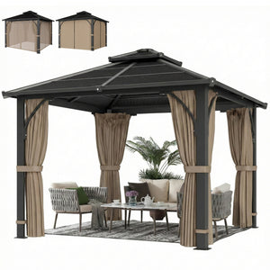 Gazebo rigide 10' x 10'  avec toit double en polycarbonate avec moustiquaire et rideaux, kaki