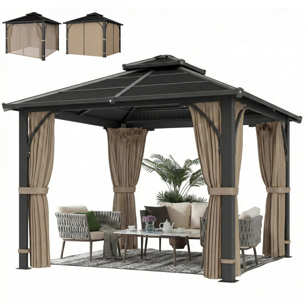 Gazebo rigide 10' x 10'  avec toit double en polycarbonate avec moustiquaire et rideaux, kaki