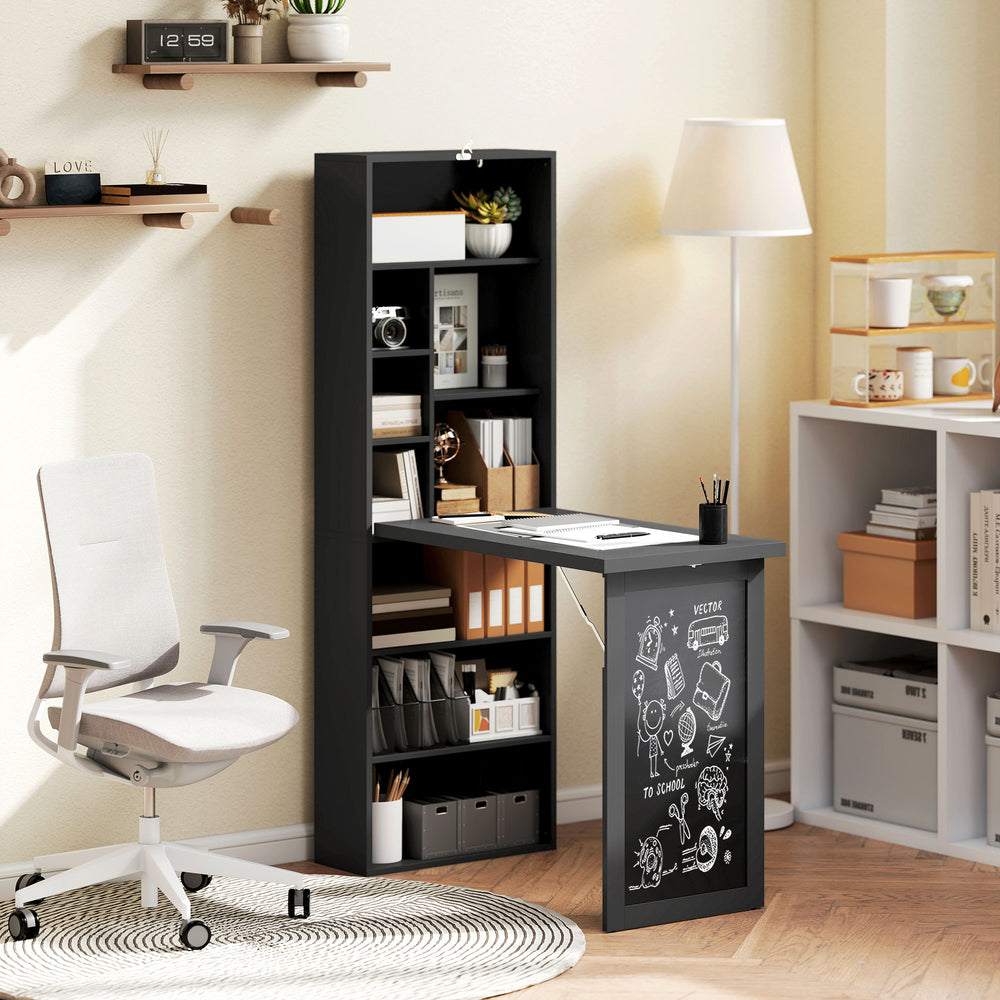 Fold-out Convertible Office Desk, Wall Mount Computer Desk with Blackboard and Side Shelf, Black