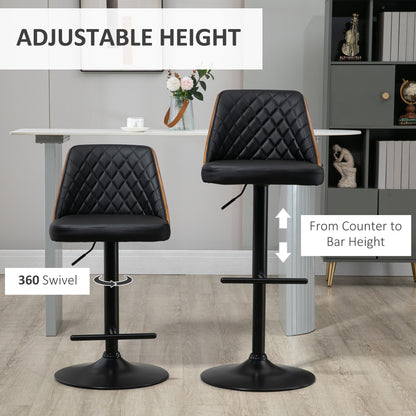 Set of 2 Modern Faux Leather Bar Stools, Swivel and Adjustable, Black