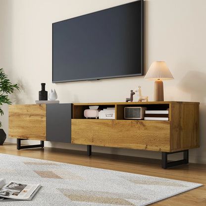 Meuble TV avec pieds en métal en U, 3 portes et 2 compartiments, assemblage facile, noir et naturel