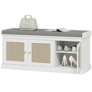 Bbanc d'entrée avec portes en rotin tressé et coussin, étagères réglables, blanc