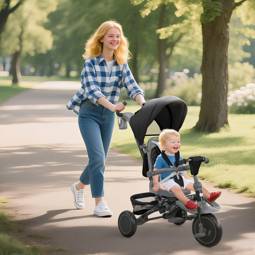 6 in 1 Toddler Tricycle for 1-5 Years Old with Push Handle, Removable Canopy, Swivel Seat, Black
