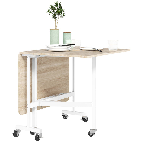 Table à manger pliante à abattants sur roulettes pour 6 personnes – Chêne et blanc
