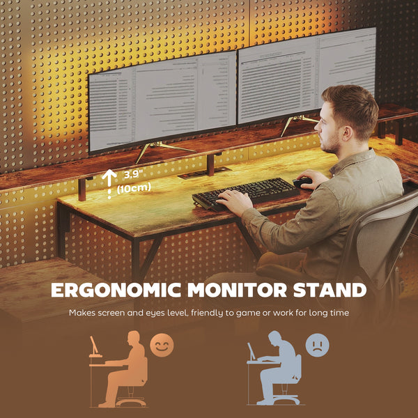 76" Gaming Desk, Computer Table with RGB Lights, USB Ports, Monitor Stand and 2 Fabric Drawers, Rustic Brown