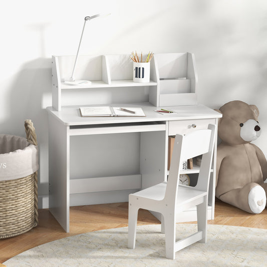 Ensemble bureau et chaise pour enfants de 5 à 8 ans avec rangement, table d'étude et chaise, blanc