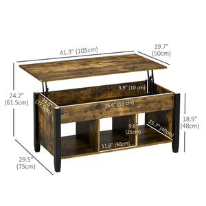 Table basse relevable avec compartiment de rangement dissimulé, 3 étagères inférieures, marron rustique