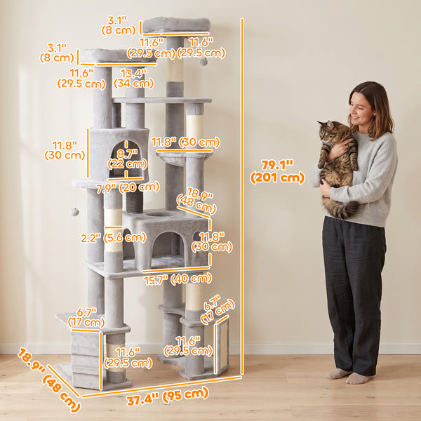 Arbre à chat géant de 79 po à 5 niveaux avec 2 condos, hamac et griffoirs, gris