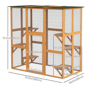 Cage pour chat en bois avec 6 plateformes équilibrées et toit en asphalte, orange