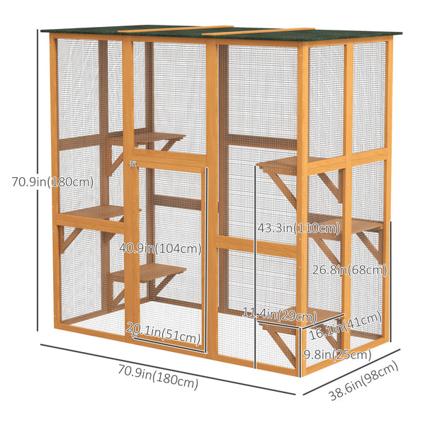 Cage pour chat en bois avec 6 plateformes équilibrées et toit en asphalte, orange