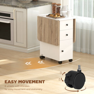 Table pliante mobile sur roulettes avec tiroirs et placard, blanc et chêne