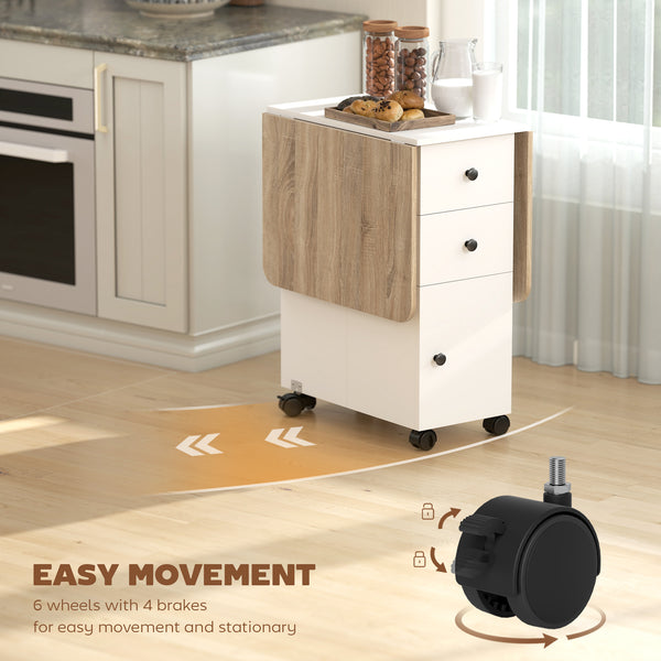Table pliante mobile sur roulettes avec tiroirs et placard, blanc et chêne