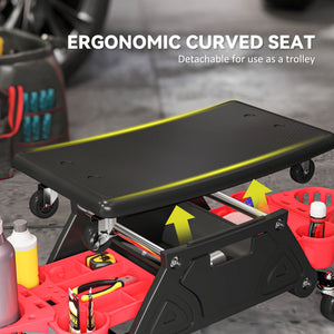 Padded rolling garage stool with tool storage, black.