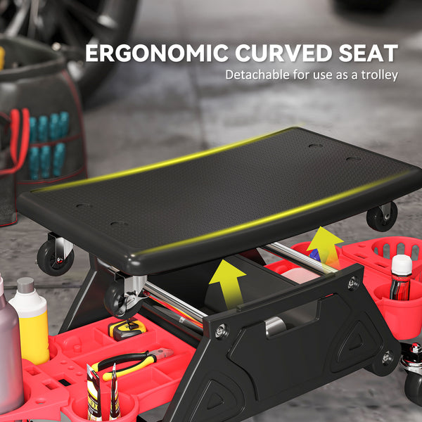 Padded rolling garage stool with tool storage, black.