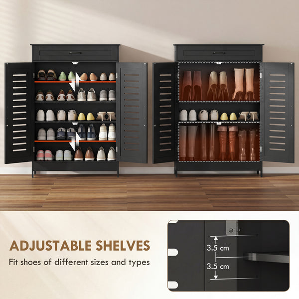 Shoe cabinet with louvered doors with drawer and adjustable shelves, black