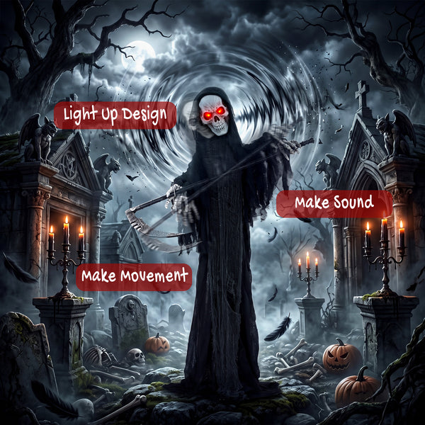 Faucheur animé d’Halloween de 6 pi avec faux, yeux DEL rouges, sons et mouvements – Noir
