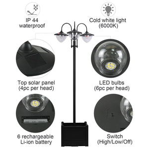 Lampadaire solaire à 3 LED avec jardinière, noir
