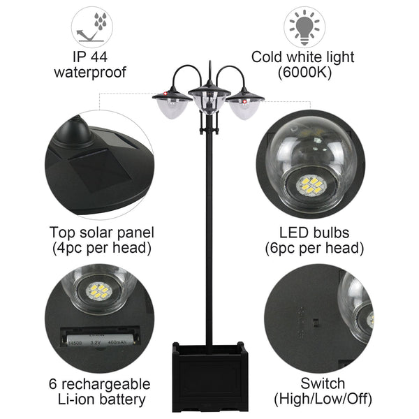 Lampadaire solaire à 3 LED avec jardinière, noir