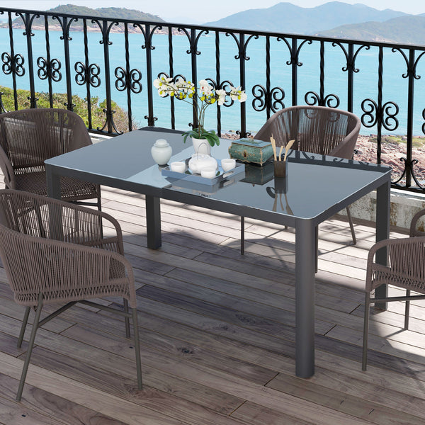 Table de jardin en aluminium avec plateau en verre, grise
