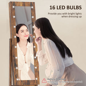 Armoire à bijoux autoportante avec miroir éclairé, angle réglable et 16 LED, couleur marron rustique