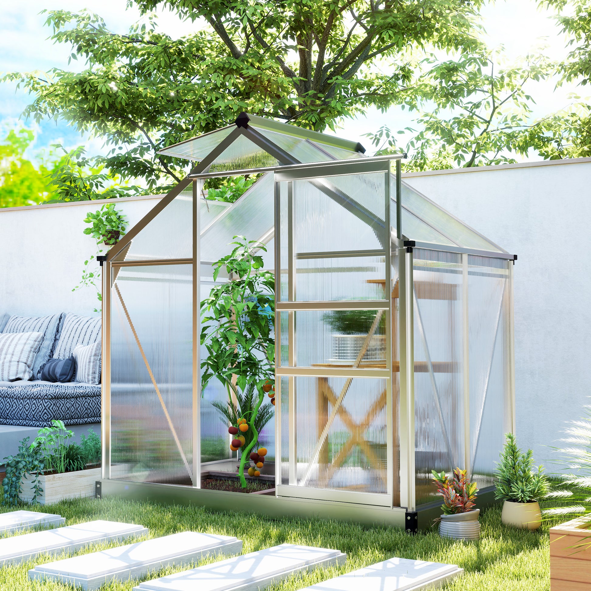 Serre argentée 6 x 4 x 6,6 pieds avec cadre en aluminium galvanisé, panneaux en polycarbonate, gouttière intégrée, ventilation et porte coulissante
