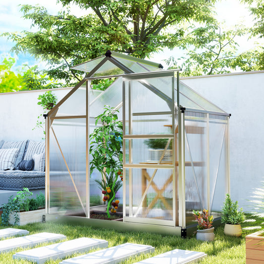 Serre argentée 6 x 4 x 6,6 pieds avec cadre en aluminium galvanisé, panneaux en polycarbonate, gouttière intégrée, ventilation et porte coulissante