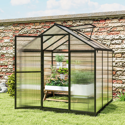 Serre de jardin gris anthracite 6 x 8 pieds, avec panneaux en polycarbonate et cadre robuste en aluminium