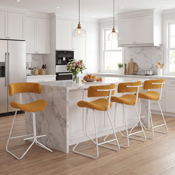 Set of 2 25-inch counter-height armless bar stools with padded seat and footrest - Orange