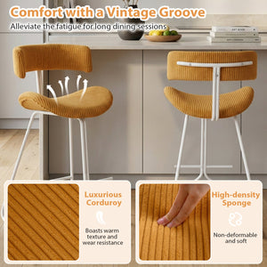 Set of 2 25-inch counter-height armless bar stools with padded seat and footrest - Orange