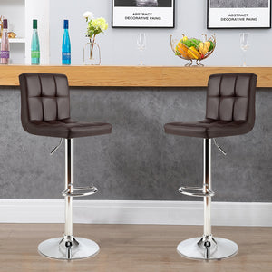 Set of 2 square adjustable and swivel PU leather bar stools with backrest and footrest - cafe
