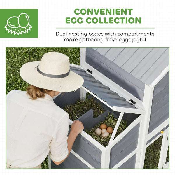 Wooden chicken coop with 2 nesting boxes, a pull-out tray, and a ramp