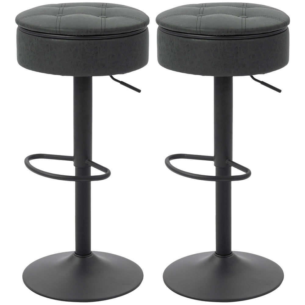 Lot de 2 tabourets de bar pivotants avec rangement, revêtement en similicuir, repose-pieds, piètement en acier, noir