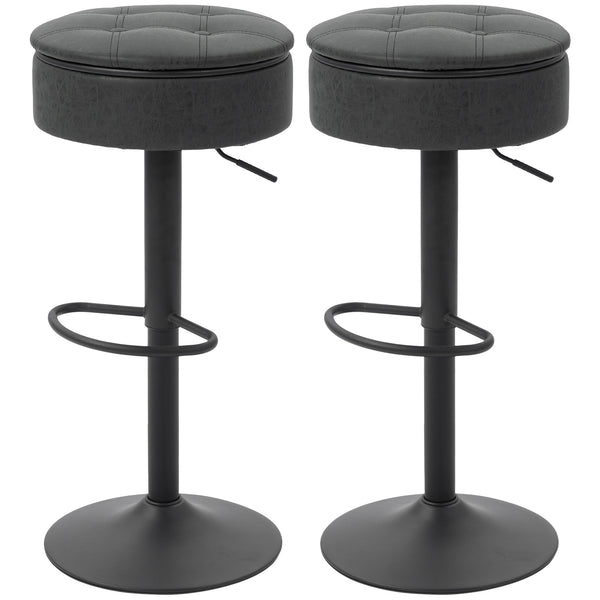 Set of 2 swivel bar stools with storage, faux leather upholstery, footrest, steel base, black