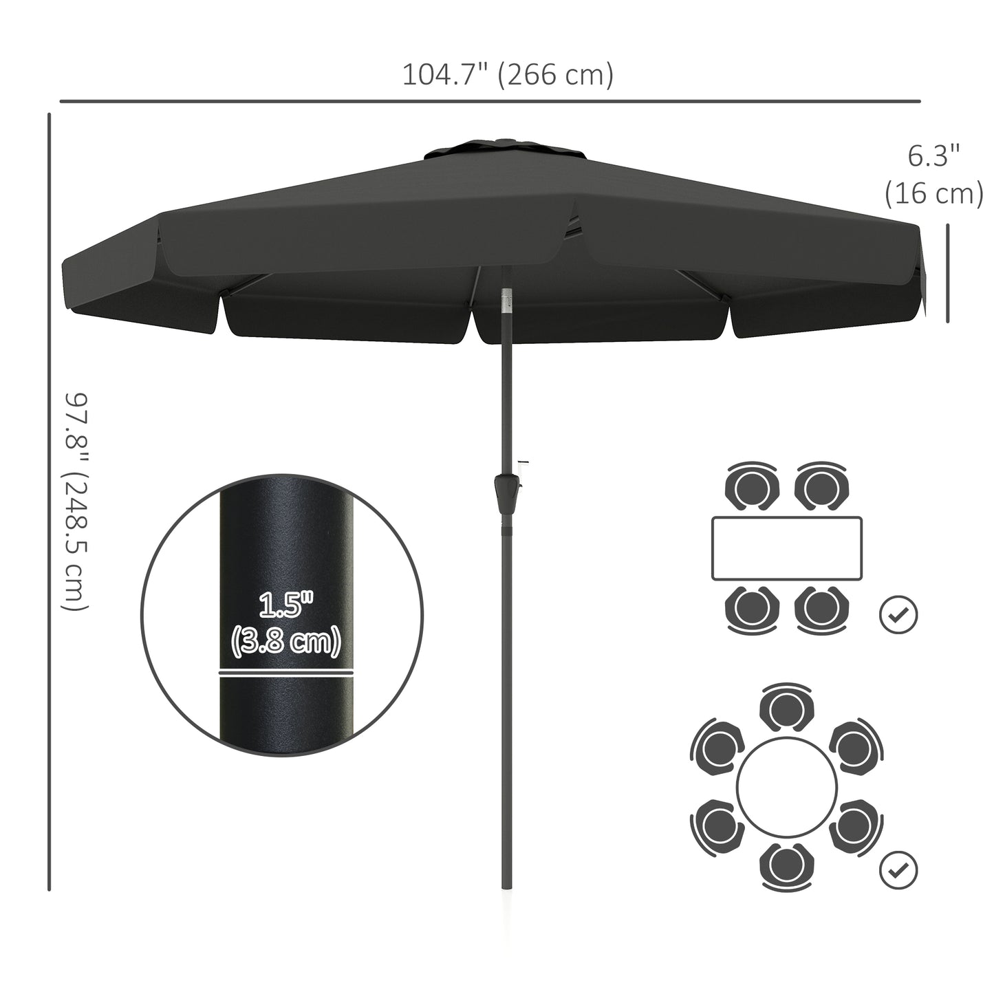 Parasol de table de 2,6 avec inclinaison et manivelle pour jardin, cour, terrasse, noir