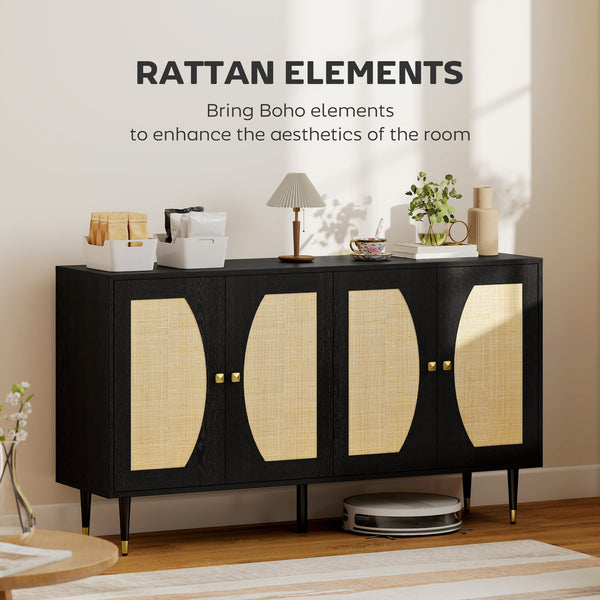 Buffet de rangement bohème avec étagères réglables, portes à fermeture douce et façade en rotin, noir