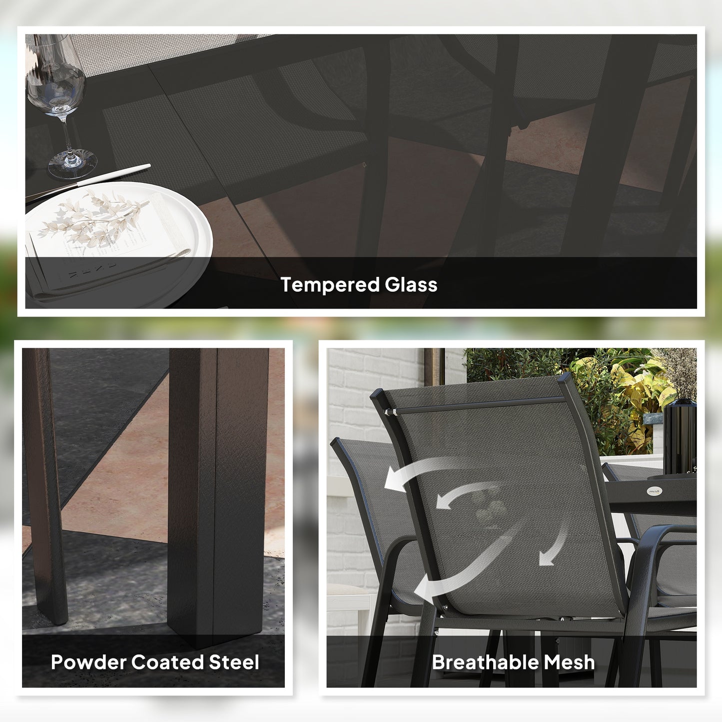 Outsunny 9-Piece Dining Set with Stackable Chairs and Glass Top for Garden, Patio and Backyard, Grey
